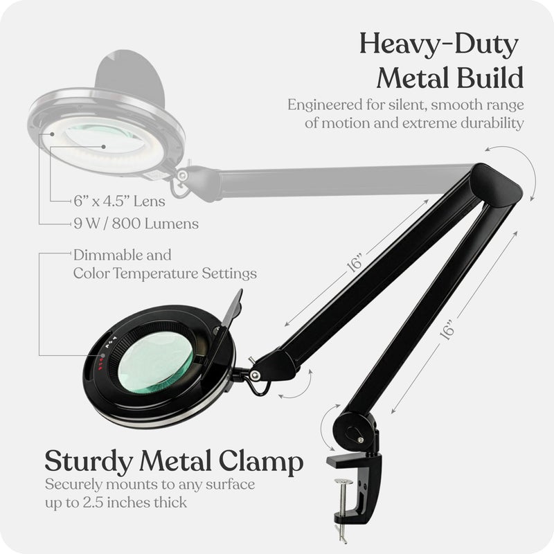 Brightech LightView Pro Magnifying Desk Lamp, 2.25x Light Magnifier with Clamp, Adjustable Magnifying Glass with Light for Crafts, Reading, Close Work - Black - Image 5